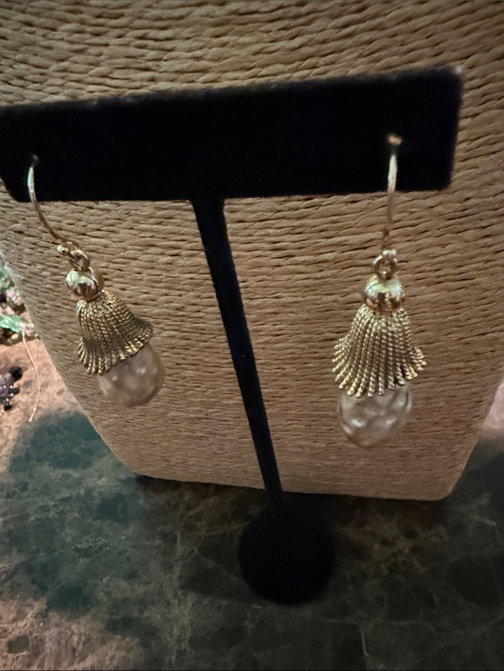Large pearl capped in gold tassel like finding vintage reconstructed